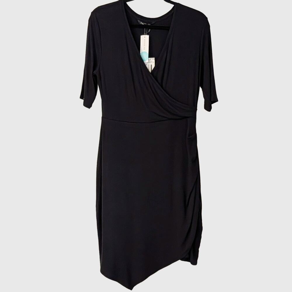 41 Hawthorn Blaise Ribbed Knit Black Dress Large Faux Wrap Modal Midi